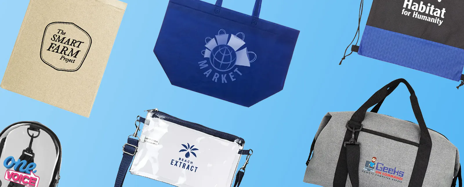 Various types of bags like totes duffle bags drawstring bags and stadium bags