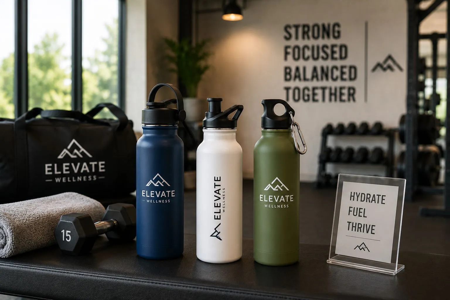 Custom branded reusable water bottles displayed in a modern fitness center