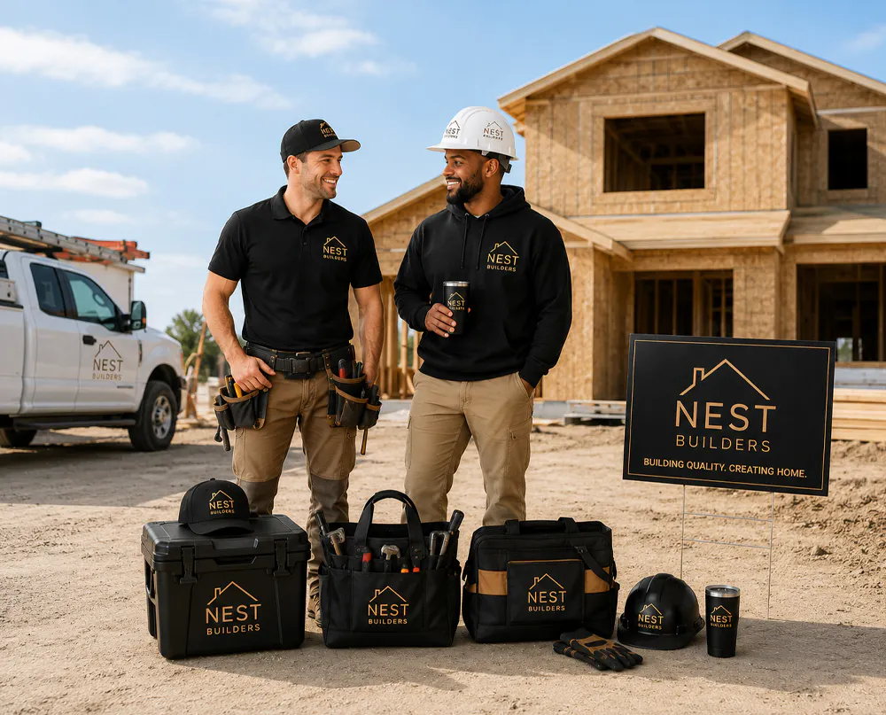 two contractors in embroidered apparel and logo embellished tools