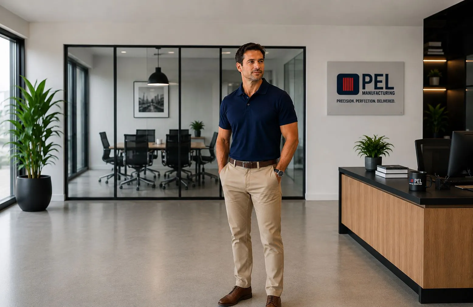 Professional wearing a navy blue polo shirt in a modern office environment
