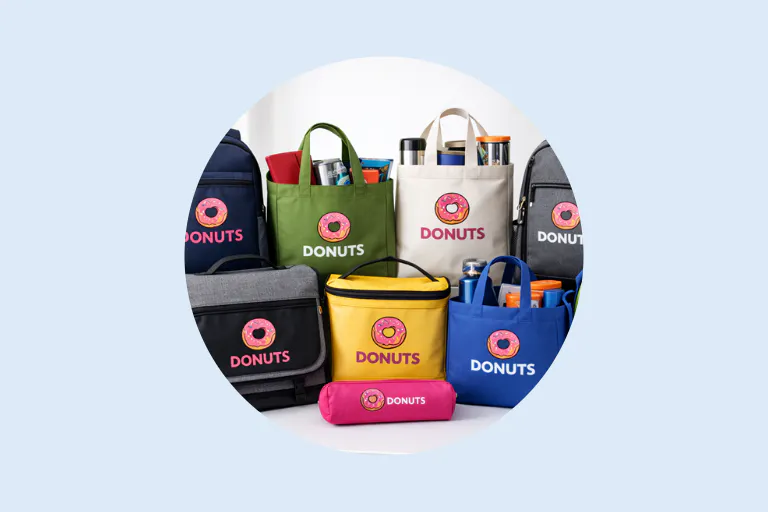 Branded backpacks tote bags and accessories featuring a colorful logo