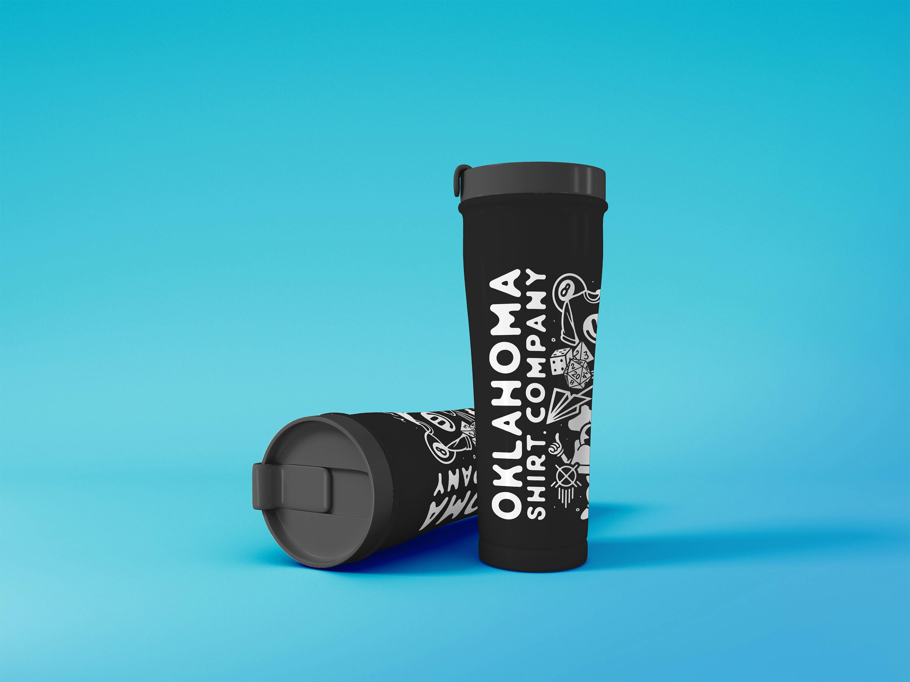 Two black tumblers with OSCO branding on them with one laying down and one upright