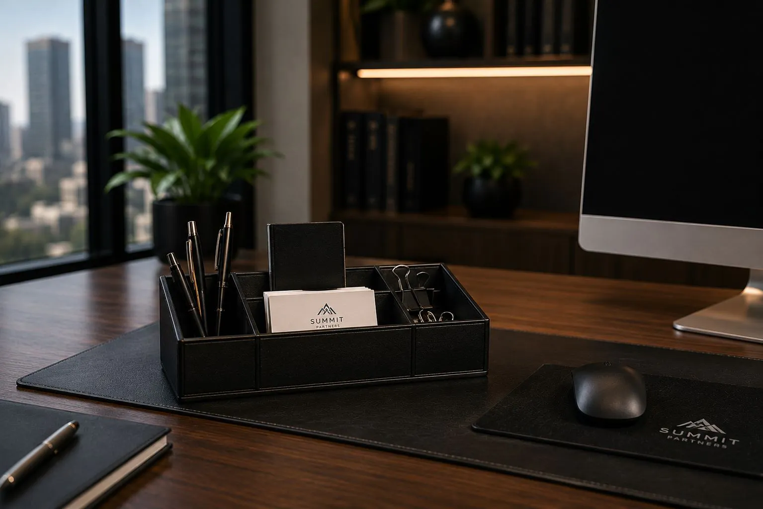 Custom branded desk organizer on a modern executive desk in a professional office