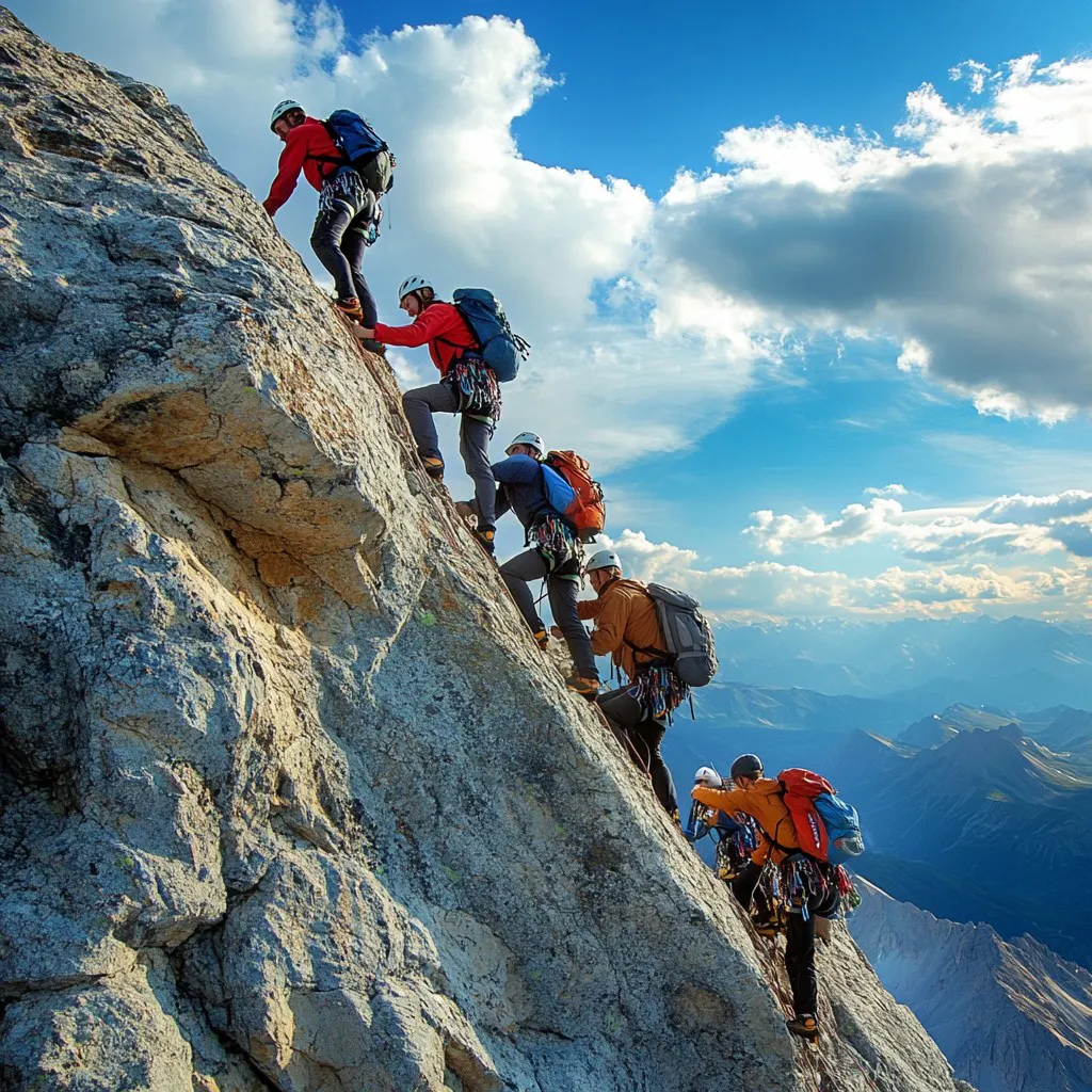 climbers ascending up a mountain face