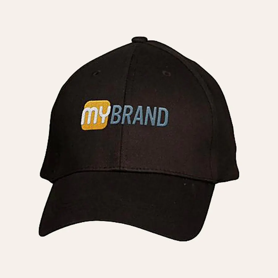 Structured cap with an embroidered front logo shown with a sample imprint