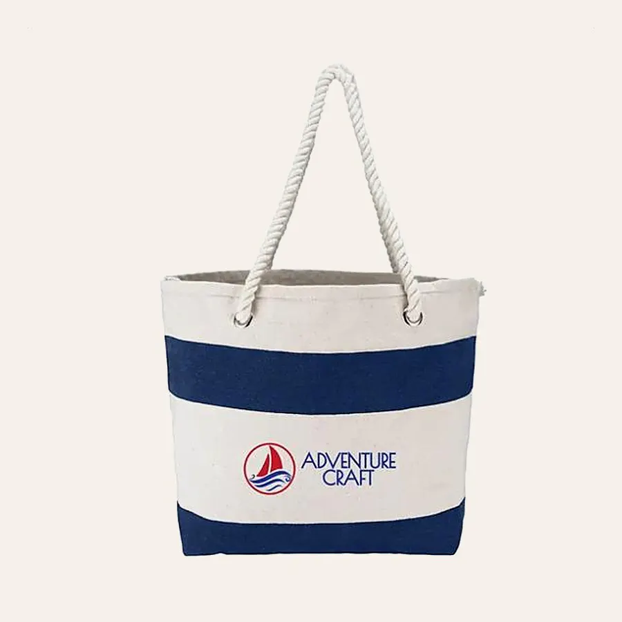 A striped cotton tote from our promotional products range shown with a sample imprint