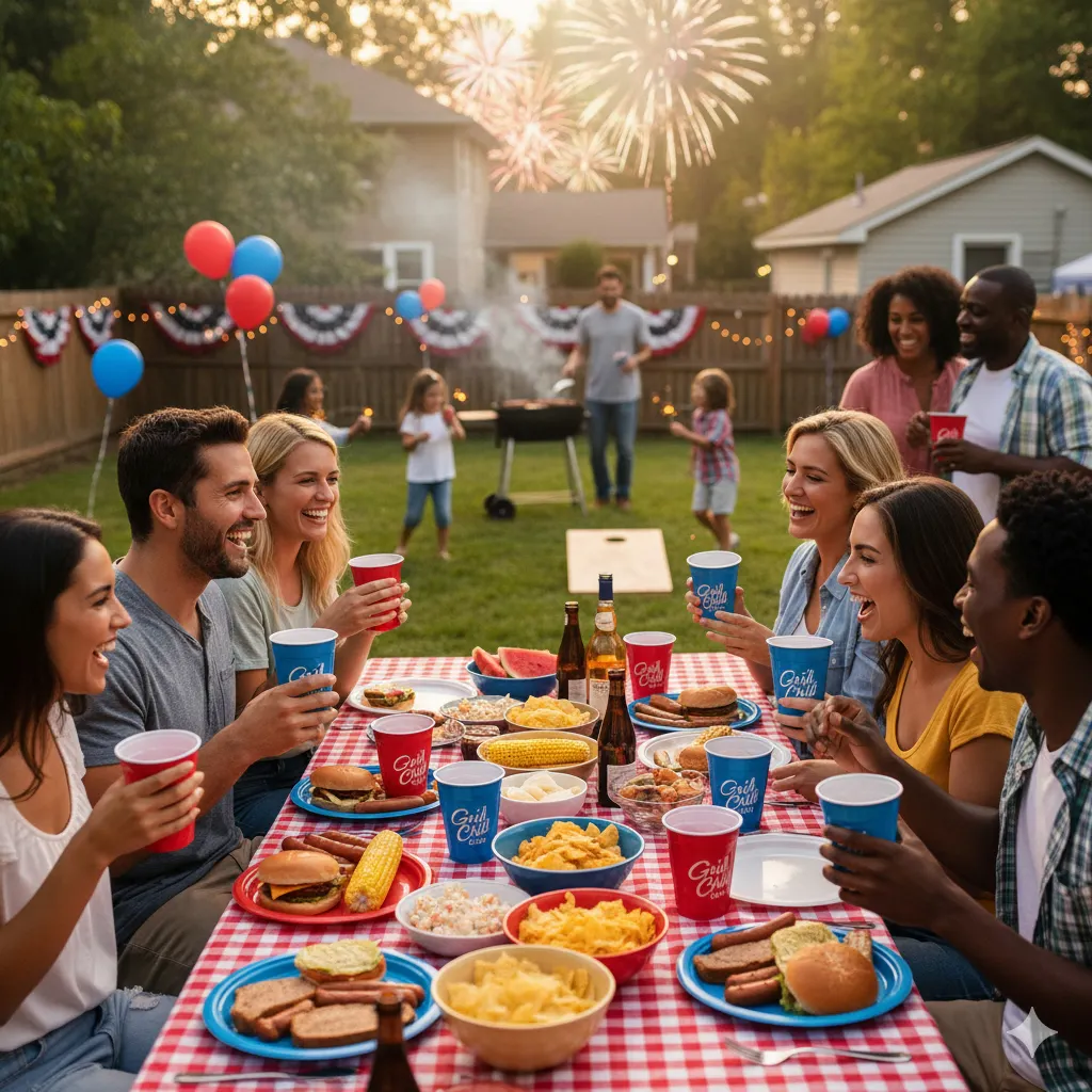 a group of friends at a 4th of july picnic holding cups with kids in the backgound playing