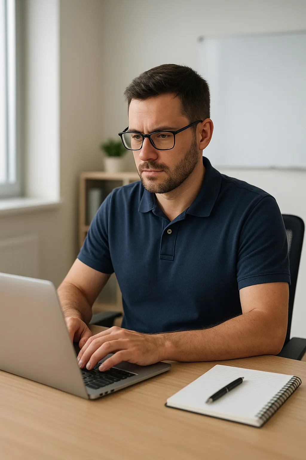 closeup of man in polo shirt seated at computer