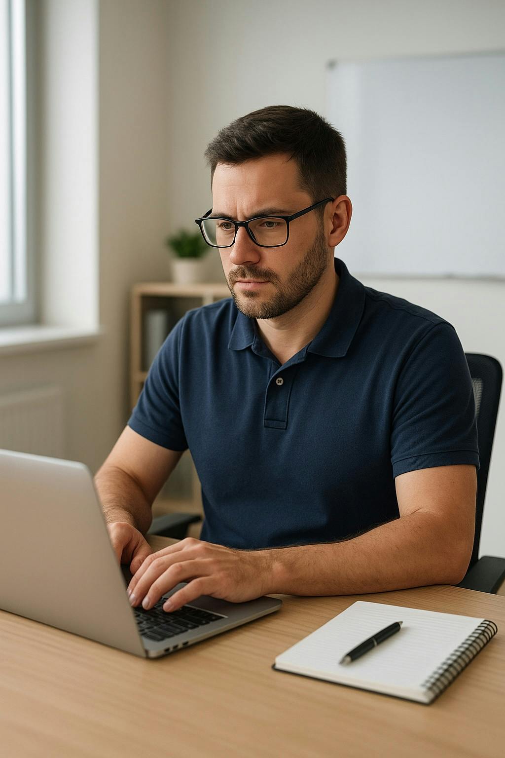 closeup of man in polo shirt seated at computer