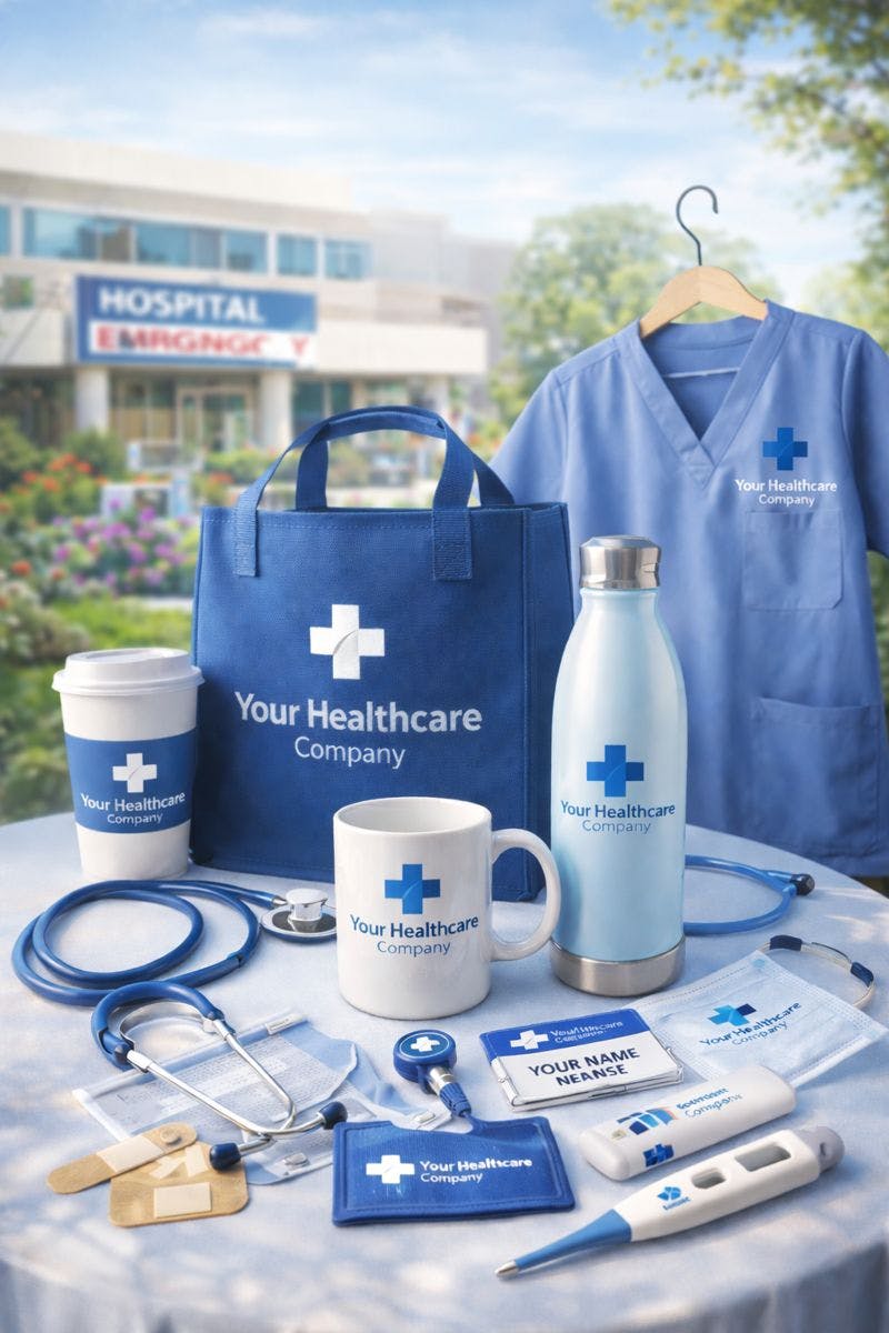 Branded healthcare promotional items on a table including scrubs tote bottle mug and medical tools
