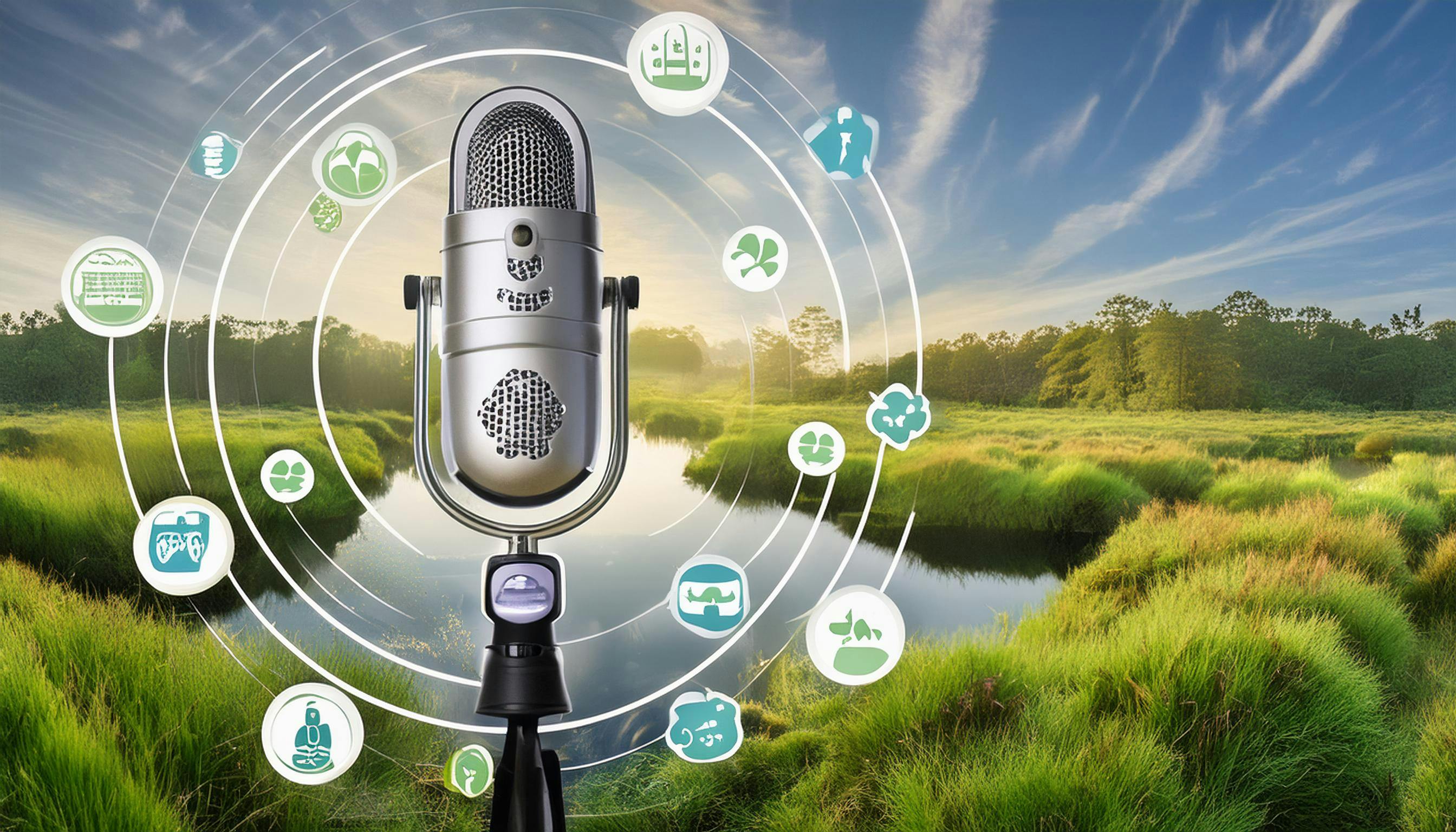 Image of a podcast microphone in a wetland depicting devotion to Environmental Responsibility