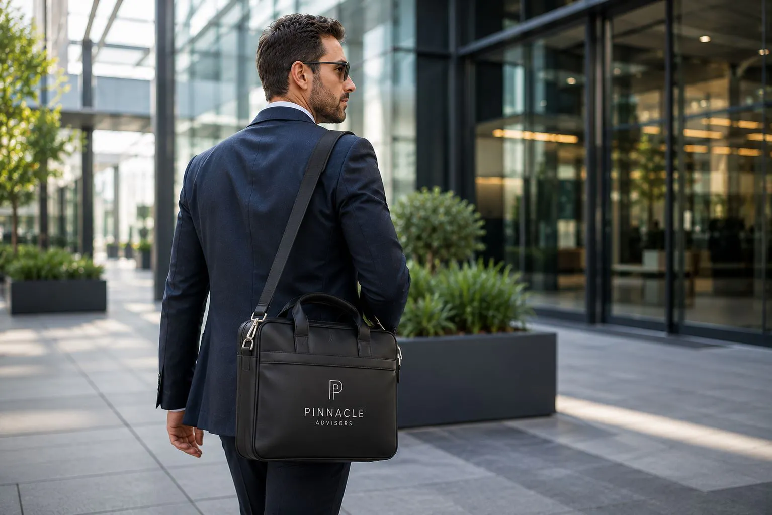 Professional carrying a custom branded laptop bag outside a modern office building