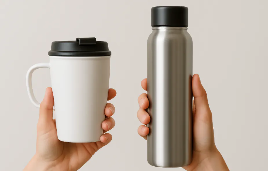 a person holding a coffee mug and a tumblr