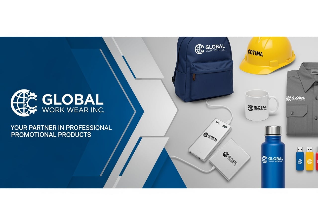 Global Work Wear Inc banner featuring diverse promotional products including branded apparel, corporate merchandise.