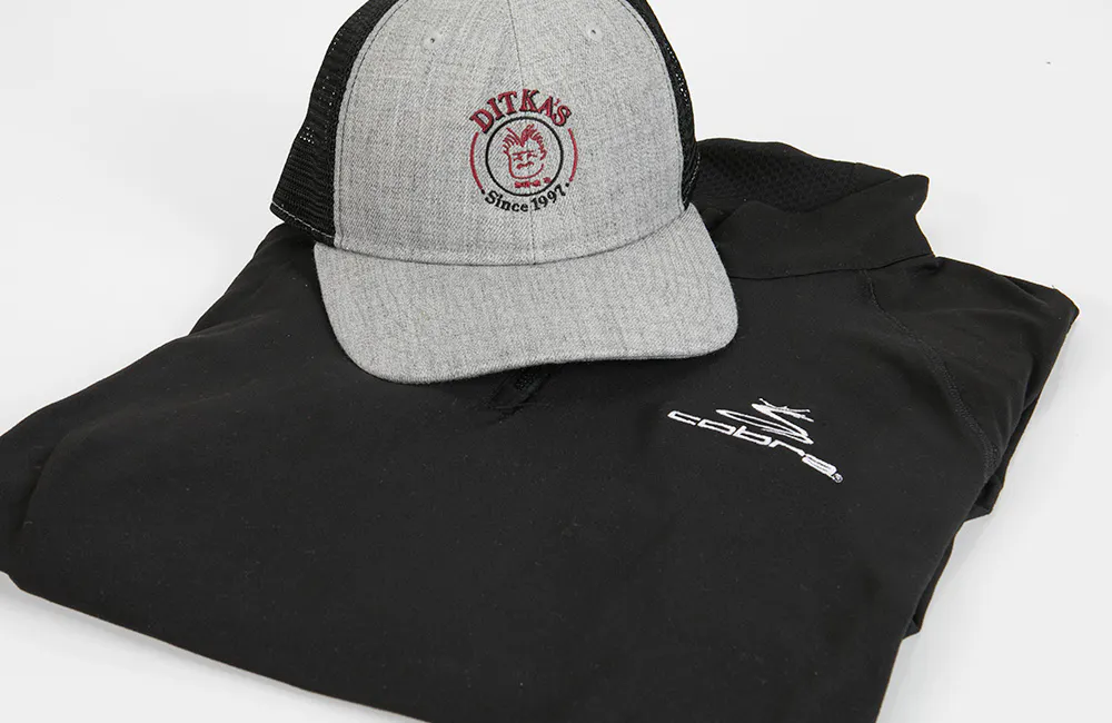 embroidered hat and hoodie