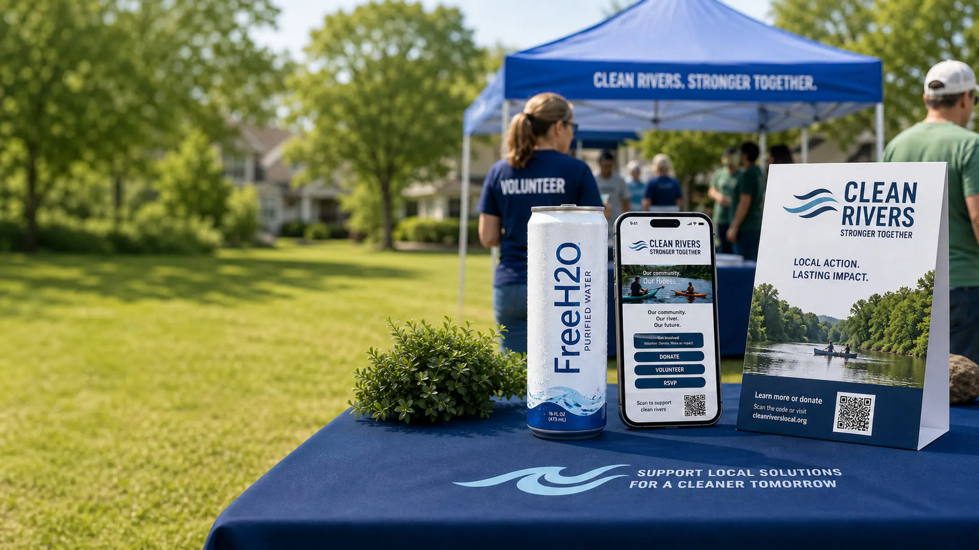 Can of custom water next to a phone app and table sign at an outdoor event sponsored by Clean Rivers.