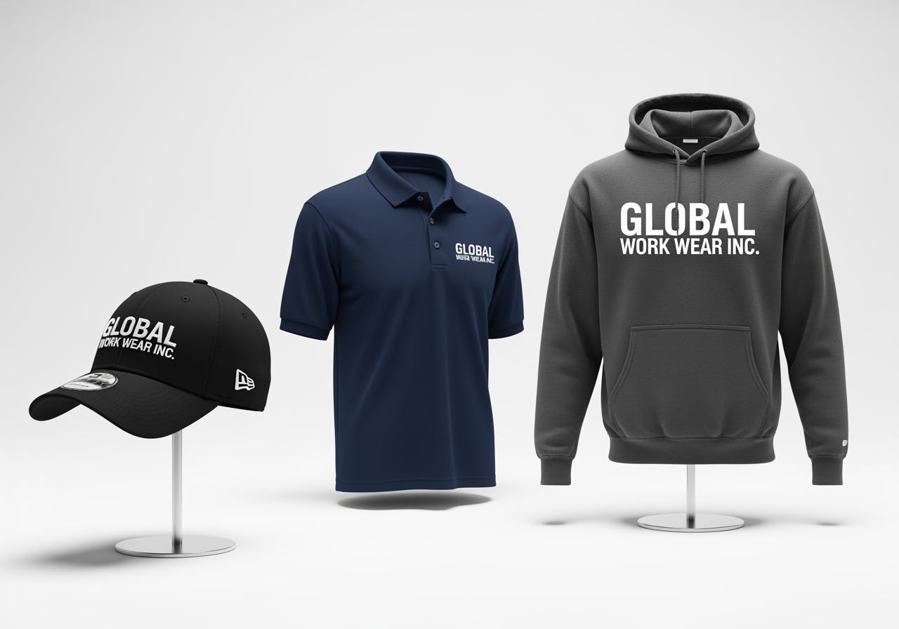 product showcase featuring custom branded hat, professional polo shirt, and embroidered hoodie displaying quality promo.
