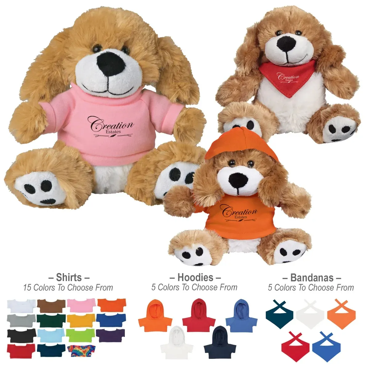 Stuffed animals with imprinted shirts and bandanas