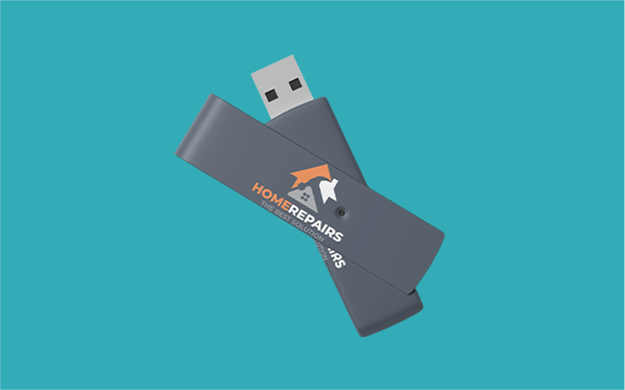 Gray USB drive on a blue background