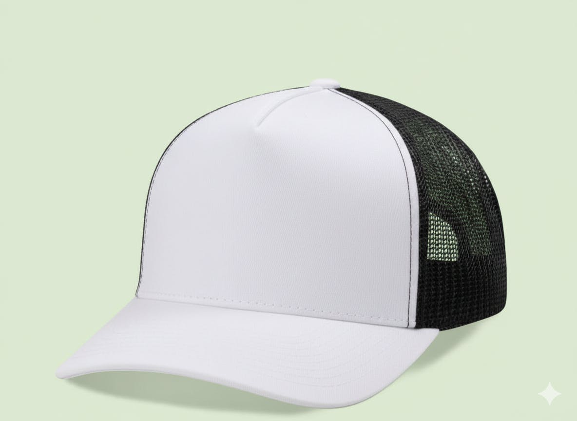 Black and white trucker hat on yellow background